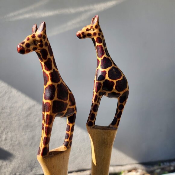 New Hand Carved Wood Giraffe Fork Spoon Serving Set Safari African Folk Art Home - Picture 10 of 13